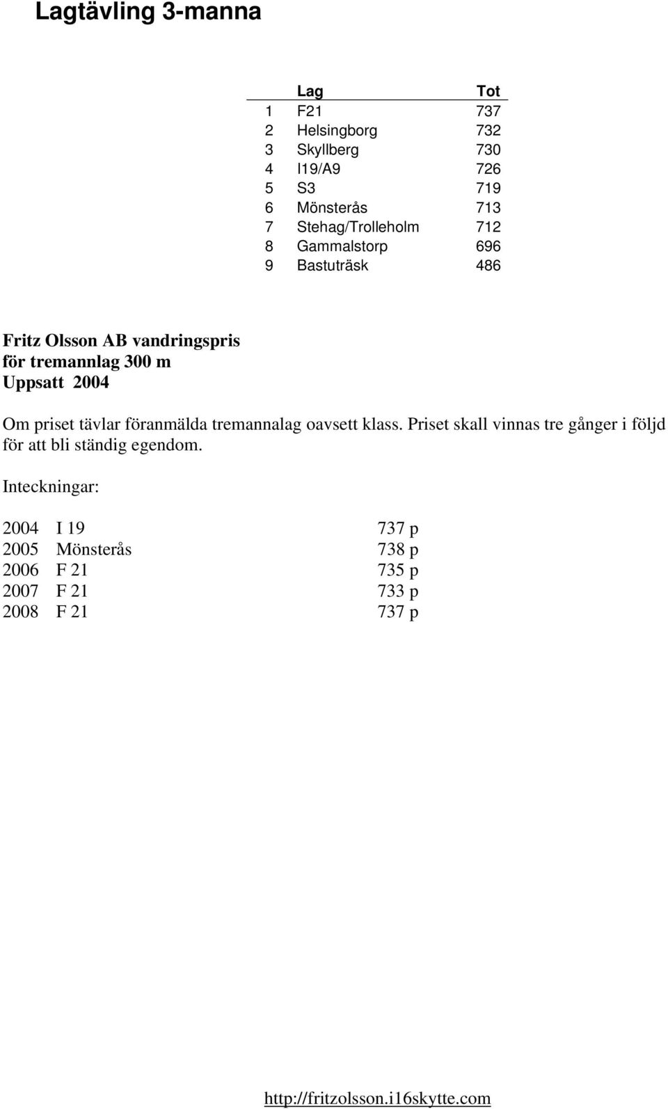 Uppsatt 2004 Om priset tävlar föranmälda tremannalag oavsett klass.