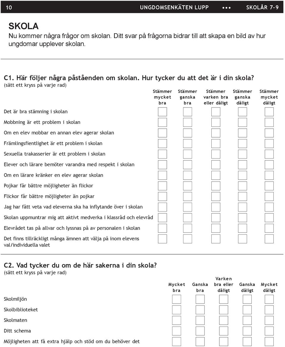 (sätt ett kryss på varje rad) Stämmer Stämmer Stämmer Stämmer Stämmer mycket ganska varken bra ganska mycket bra bra eller dåligt dåligt dåligt Det är bra stämning i skolan Mobbning är ett problem i