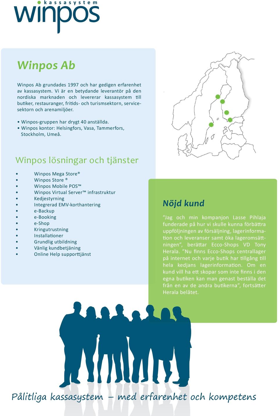 Winpos-gruppen har drygt 40 anställda. Winpos kontor: Helsingfors, Vasa, Tammerfors, Stockholm, Umeå.