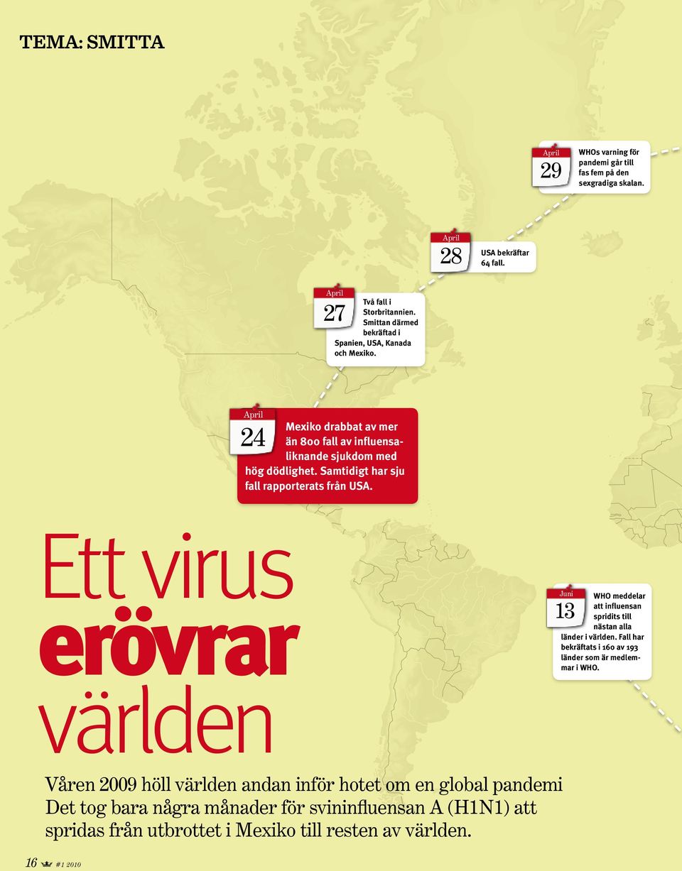 Samtidigt har sju fall rapporterats från USA. 24 Ett virus erövrar världen Juni WHO meddelar att influensan spridits till nästan alla länder i världen.