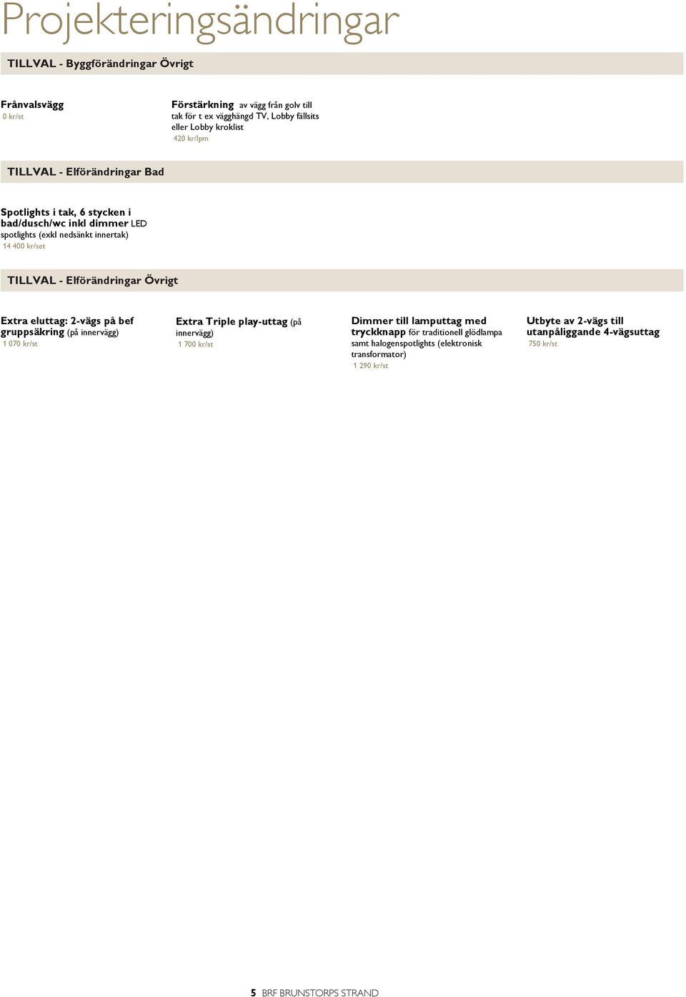 kr/set TILLVAL - Elförändringar Övrigt Extra eluttag: 2-vägs på bef gruppsäkring (på innervägg) 1 070 kr/st Extra Triple play-uttag (på innervägg) 1 700 kr/st Dimmer till