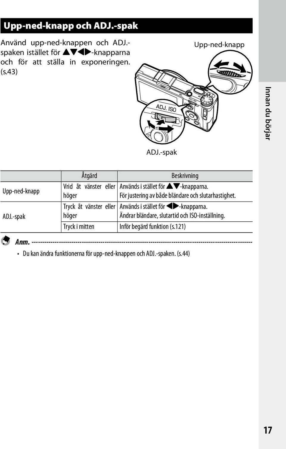 -spak Åtgärd Vrid åt vänster eller höger Tryck åt vänster eller höger Tryck i mitten Beskrivning Används i stället för!"-knapparna.