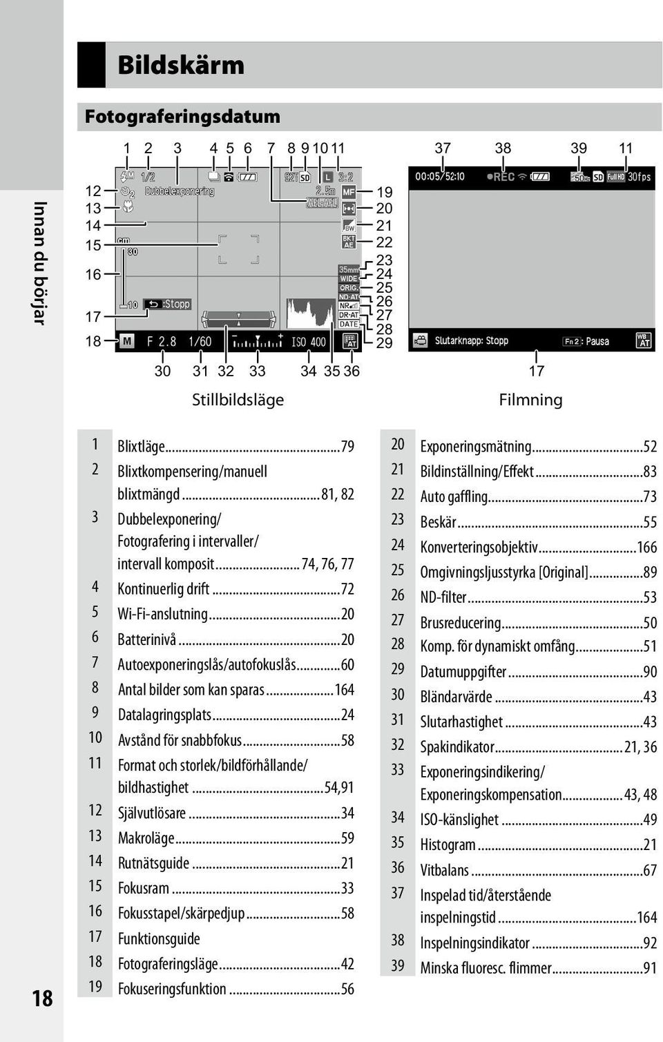 ..20 7 Autoexponeringslås/autofokuslås...60 8 Antal bilder som kan sparas...164 9 Datalagringsplats...24 10 Avstånd för snabbfokus...58 11 Format och storlek/bildförhållande/ bildhastighet.