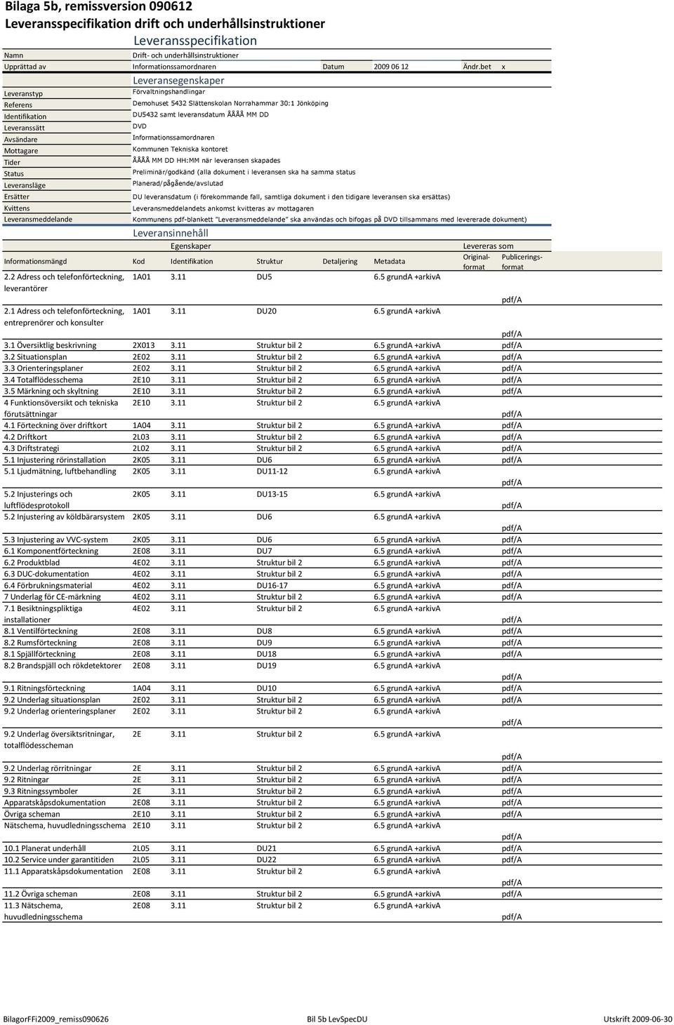 bet x Leveransegenskaper Leveranstyp Förvaltningshandlingar Referens Demohuset 5432 Slättenskolan Norrahammar 30:1 Jönköping Identifikation DU5432 samt leveransdatum ÅÅÅÅ MM DD Leveranssätt DVD