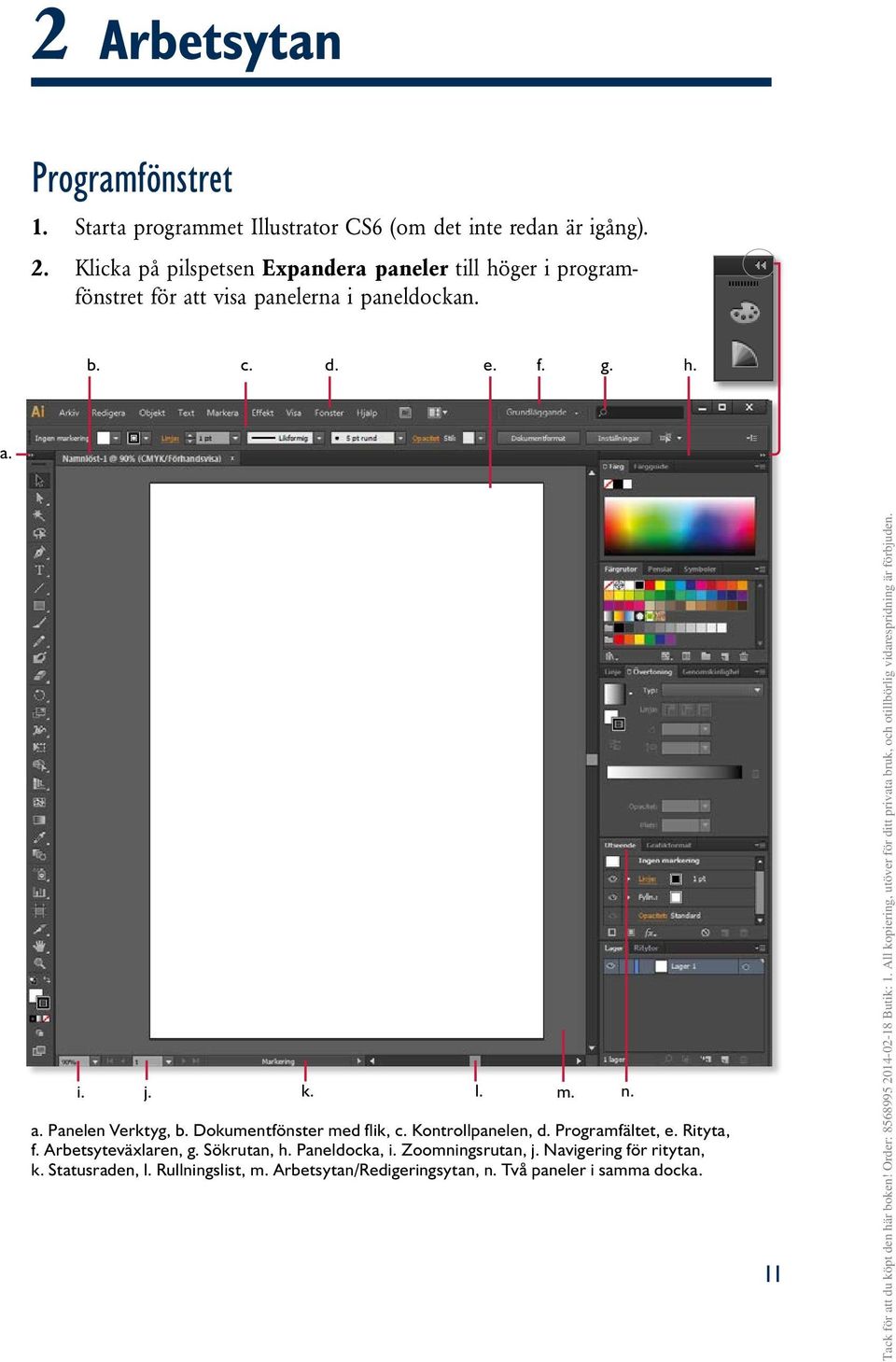 k. l. m. n. a. Panelen Verktyg, b. Dokumentfönster med flik, c. Kontrollpanelen, d. Programfältet, e. Rityta, f. Arbetsyteväxlaren, g.