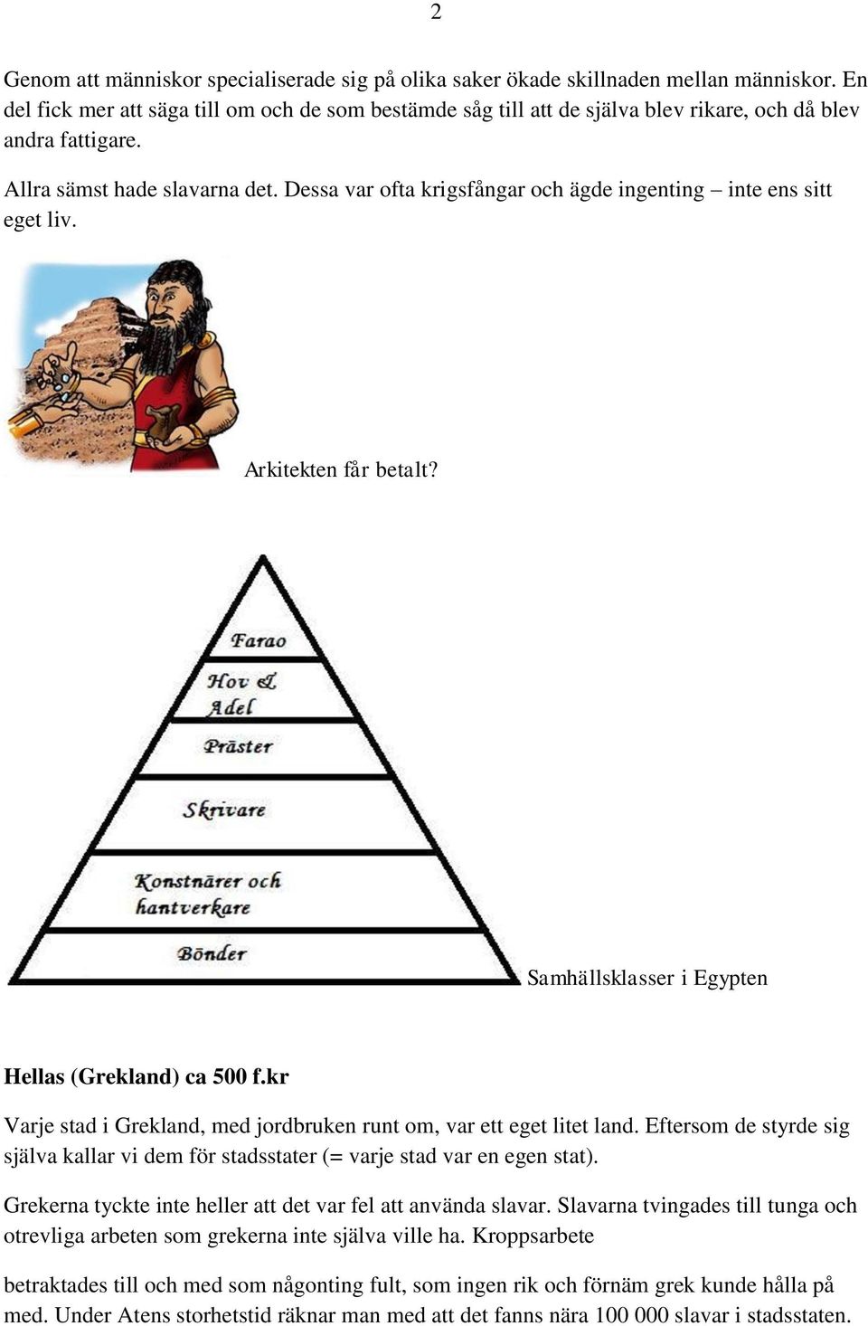 Dessa var ofta krigsfångar och ägde ingenting inte ens sitt eget liv. Arkitekten får betalt? Samhällsklasser i Egypten Hellas (Grekland) ca 500 f.