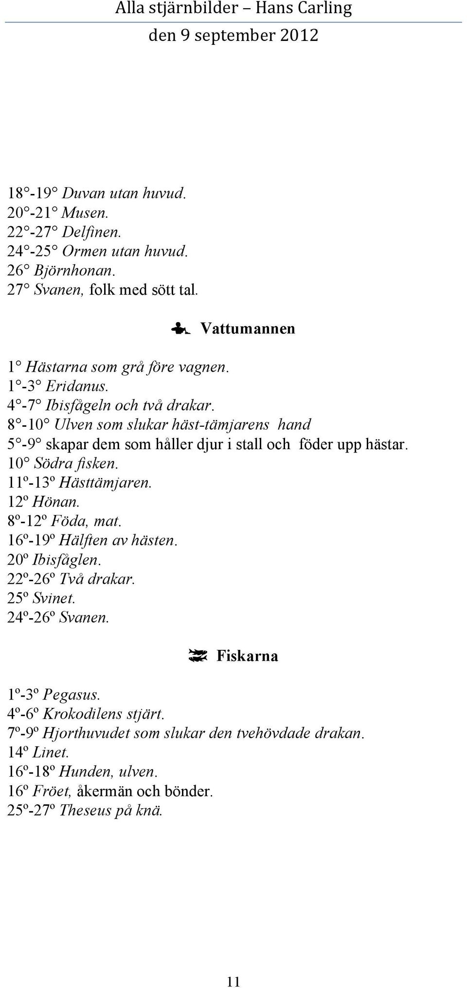 11º-13º Hästtämjaren. 12º Hönan. 8º-12º Föda, mat. 16º-19º Hälften av hästen. 20º Ibisfåglen. 22º-26º Två drakar. 25º Svinet. 24º-26º Svanen. é Fiskarna 1º-3º Pegasus.