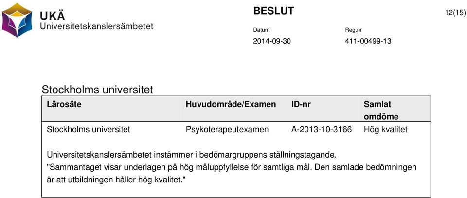 Universitetskanslersämbetet instämmer i bedömargruppens ställningstagande.