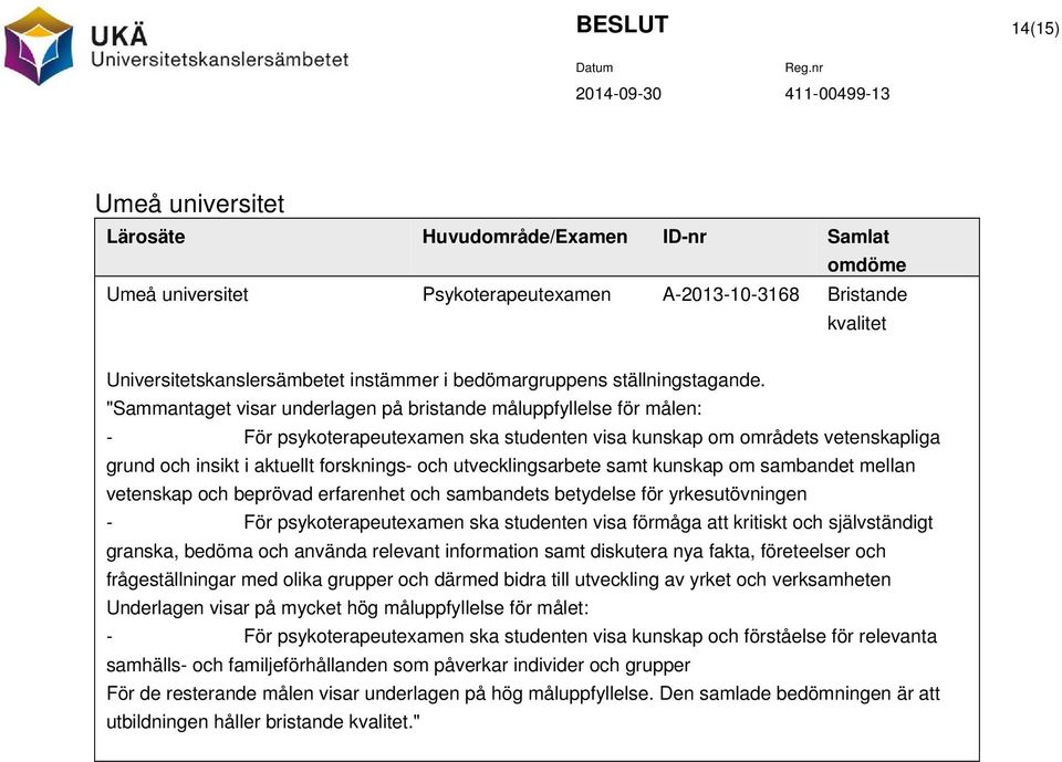 "Sammantaget visar underlagen på bristande måluppfyllelse för målen: - kunskap om områdets vetenskapliga grund och insikt i aktuellt forsknings- och utvecklingsarbete samt kunskap om sambandet mellan