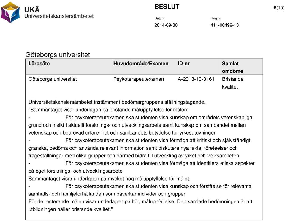 "Sammantaget visar underlagen på bristande måluppfyllelse för målen: - kunskap om områdets vetenskapliga grund och insikt i aktuellt forsknings- och utvecklingsarbete samt kunskap om sambandet mellan