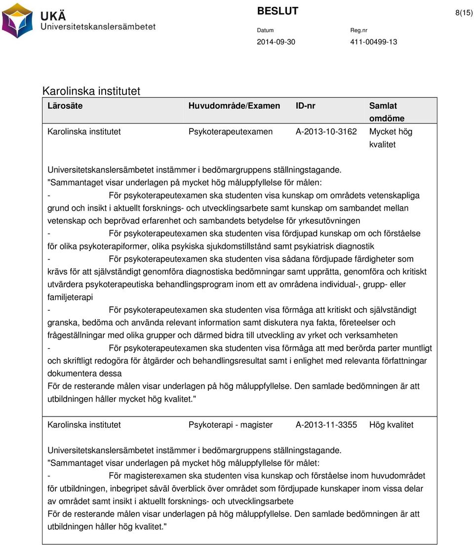 "Sammantaget visar underlagen på mycket hög måluppfyllelse för målen: - kunskap om områdets vetenskapliga grund och insikt i aktuellt forsknings- och utvecklingsarbete samt kunskap om sambandet