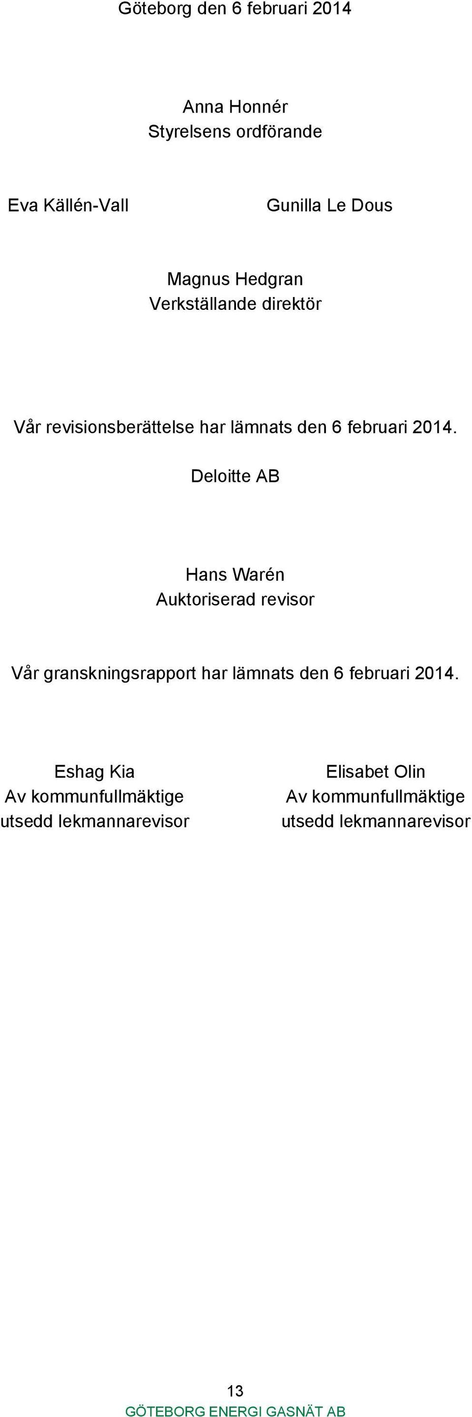 Deloitte AB Hans Warén Auktoriserad revisor Vår granskningsrapport har lämnats den 6 februari 2014.