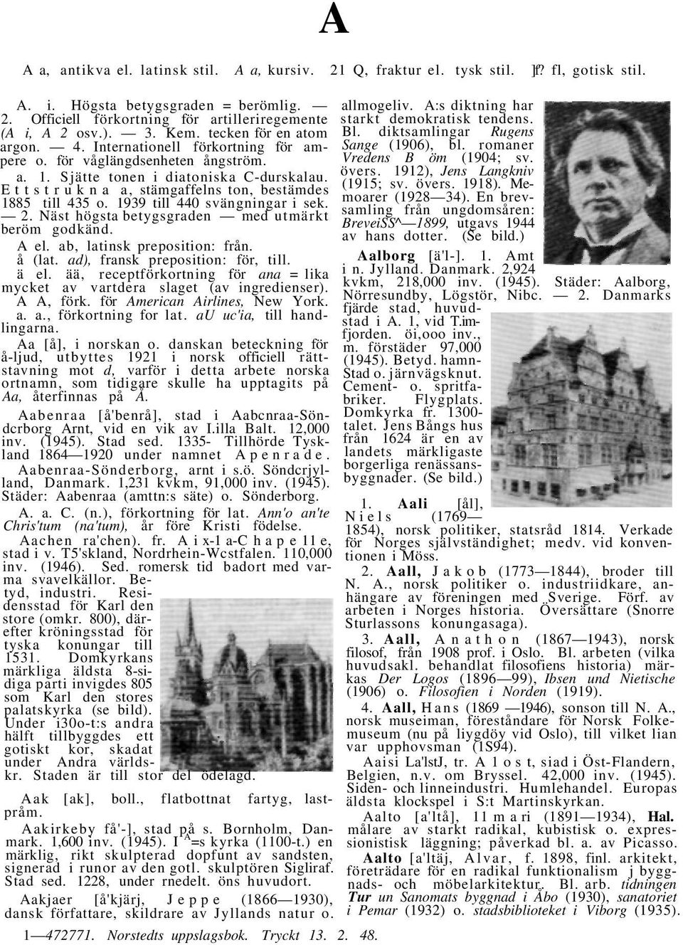 Ettstrukna a, stämgaffelns ton, bestämdes 1885 till 435 o. 1939 till 440 svängningar i sek. 2. Näst högsta betygsgraden med utmärkt beröm godkänd. A el. ab, latinsk preposition: från. å (lat.