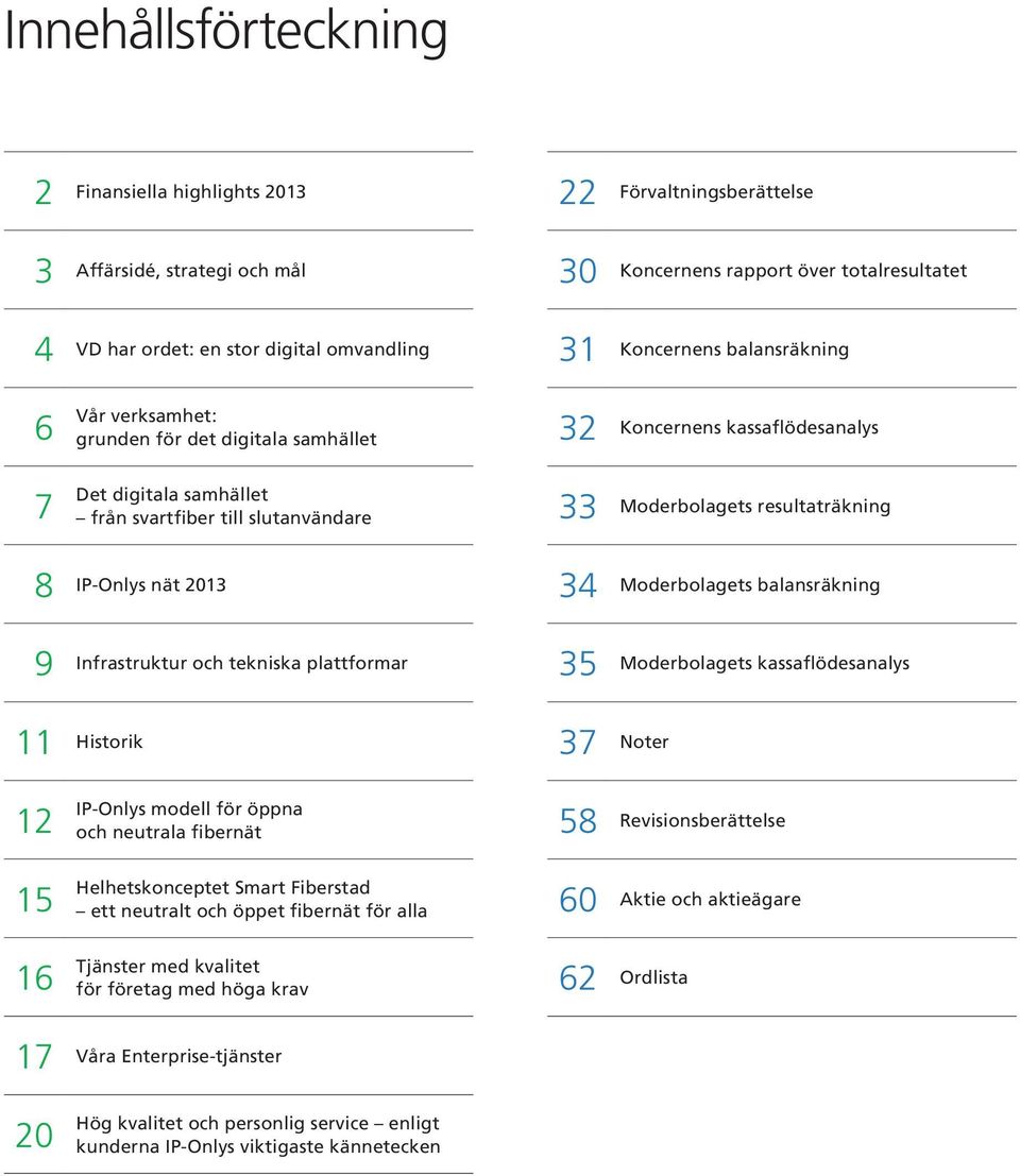 resultaträkning 8 IP-Onlys nät 2013 34 Moderbolagets balansräkning 9 Infrastruktur och tekniska plattformar 35 Moderbolagets kassaflödesanalys 11 Historik 37 Noter 12 IP-Onlys modell för öppna och