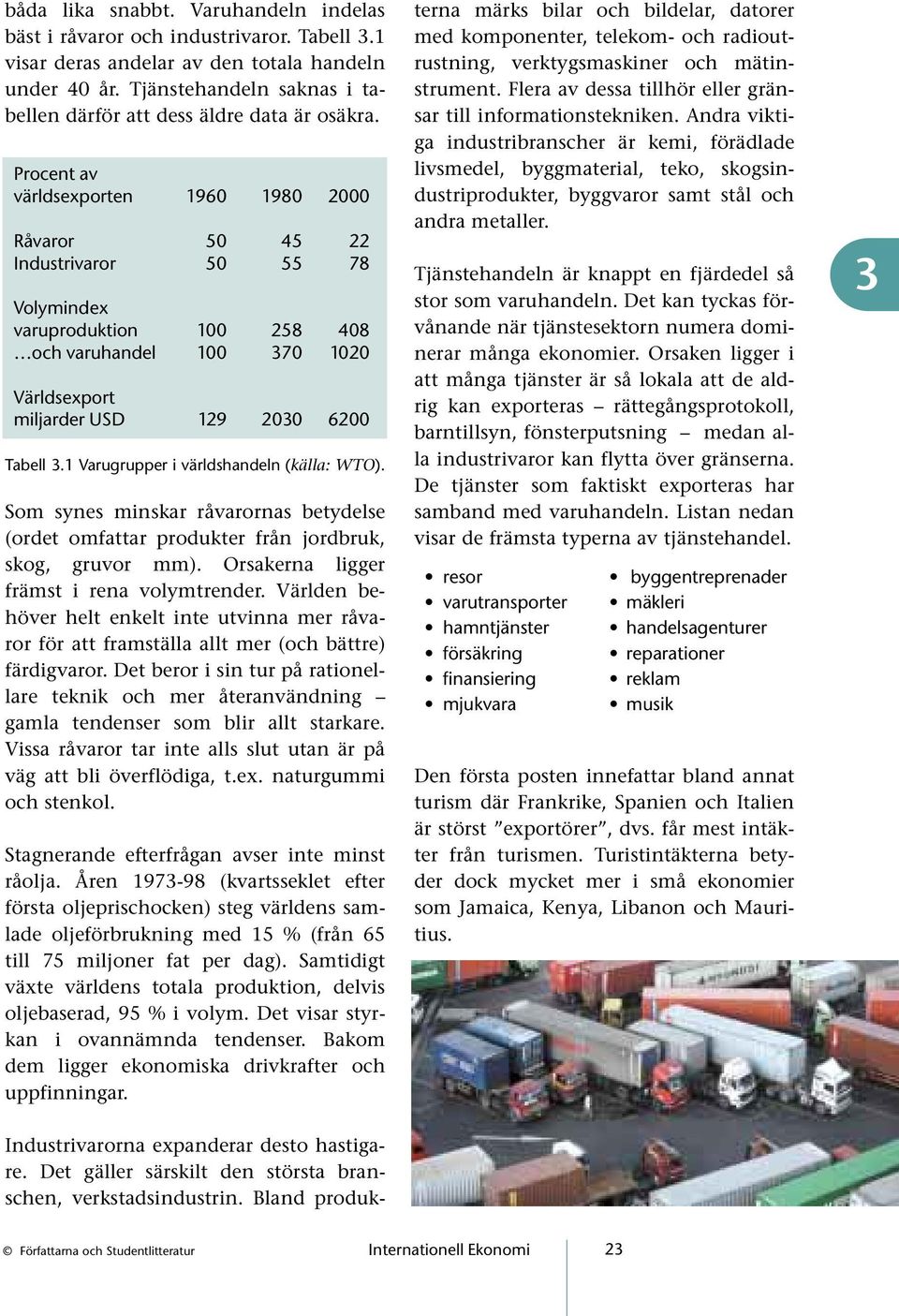 Procent av världsexporten 1960 1980 2000 Råvaror 50 45 22 Industrivaror 50 55 78 Volymindex varuproduktion 100 258 408 och varuhandel 100 370 1020 Världsexport miljarder USD 129 2030 6200 Tabell 3.