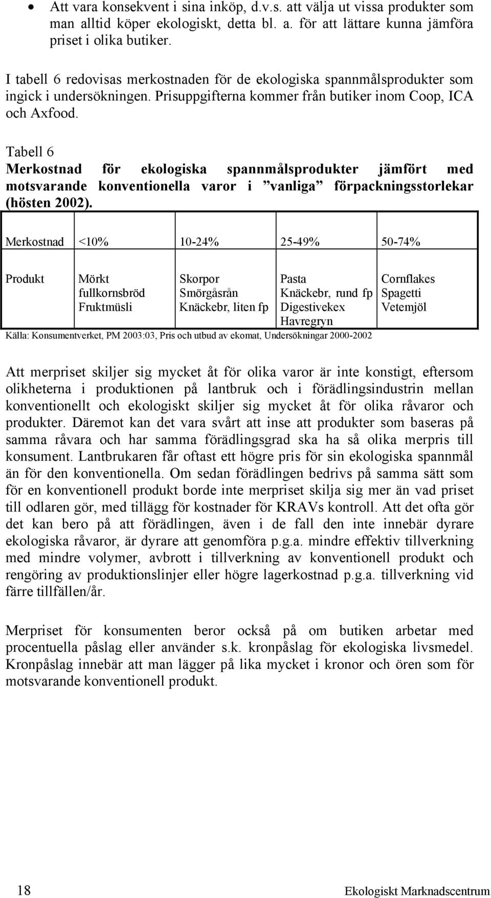 Tabell 6 Merkostnad för ekologiska spannmålsprodukter jämfört med motsvarande konventionella varor i vanliga förpackningsstorlekar (hösten 2002).