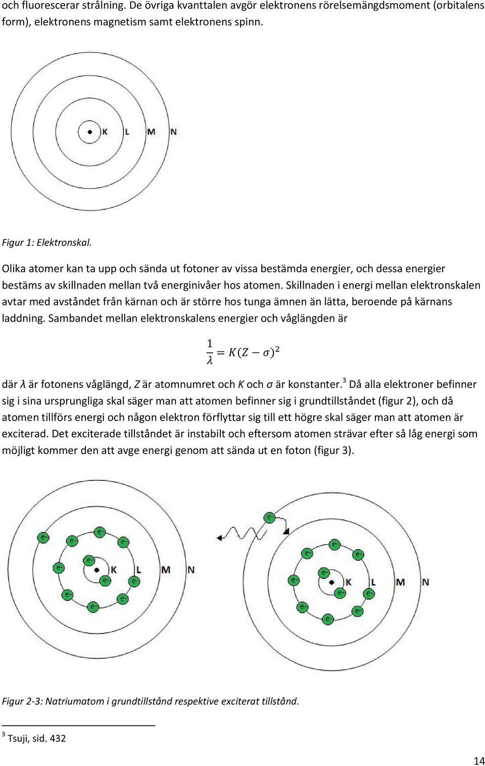 Skillnaden i energi mellan elektronskalen avtar med avståndet från kärnan och är större hos tunga ämnen än lätta, beroende på kärnans laddning.