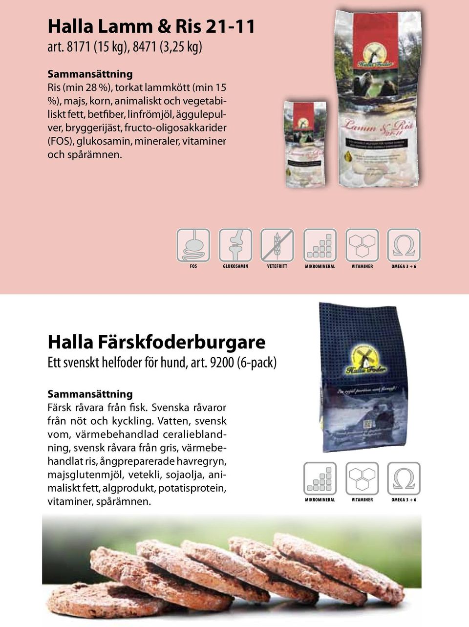 bryggerijäst, fructo-oligosakkarider (FOS), glukosamin, mineraler, vitaminer och spårämnen. Halla Färskfoderburgare Ett svenskt helfoder för hund, art.