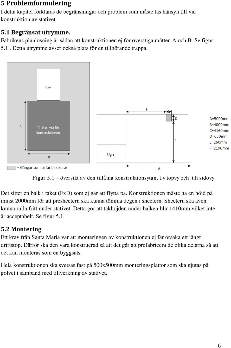 1 översikt av den tillåtna konstruktionsytan, t.v topvy och t.h sidovy Det sitter en balk i taket (FxD) som ej går att flytta på.