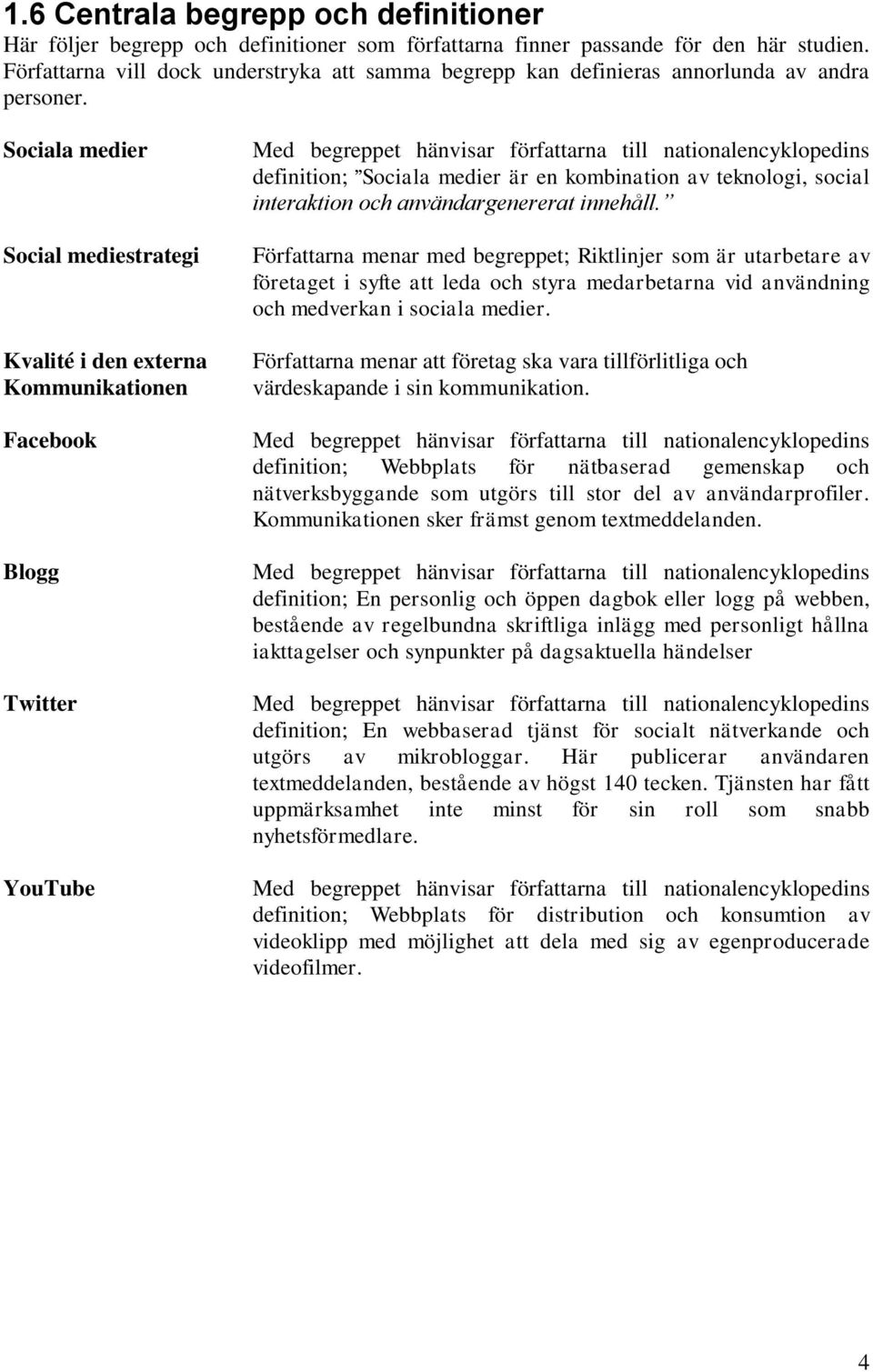 Sociala medier Social mediestrategi Kvalité i den externa Kommunikationen Facebook Blogg Twitter YouTube Med begreppet hänvisar författarna till nationalencyklopedins definition; Sociala medier är en