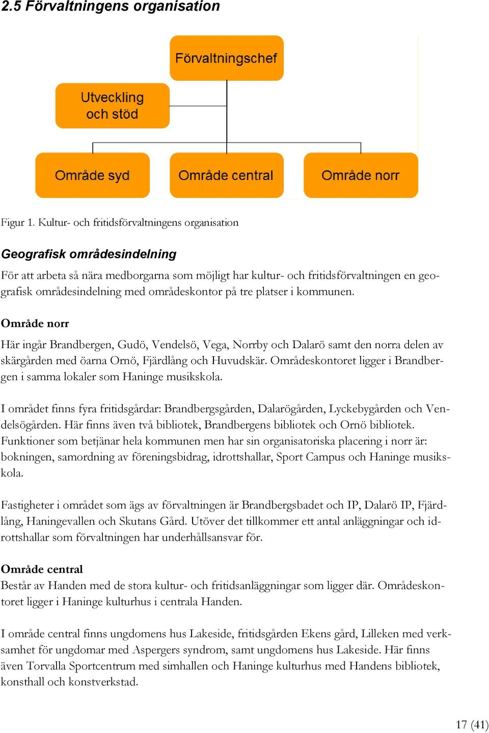 områdeskontor på tre platser i kommunen. Område norr Här ingår Brandbergen, Gudö, Vendelsö, Vega, Norrby och Dalarö samt den norra delen av skärgården med öarna Ornö, Fjärdlång och Huvudskär.