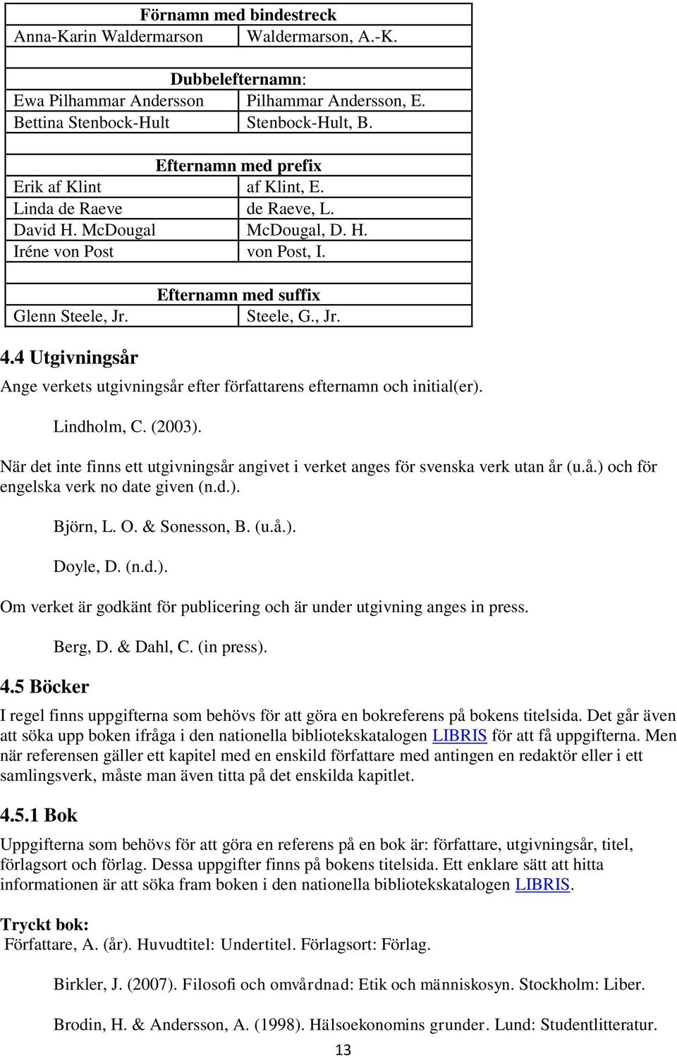 4 Utgivningsår Ange verkets utgivningsår efter författarens efternamn och initial(er). Lindholm, C. (2003). När det inte finns ett utgivningsår angivet i verket anges för svenska verk utan år (u.å.) och för engelska verk no date given (n.