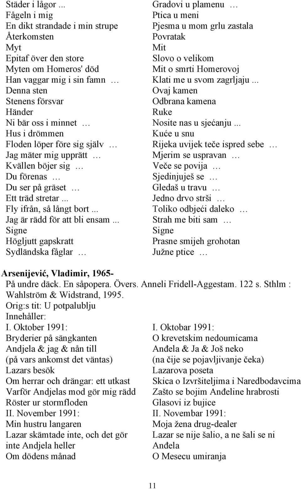 smrti Homerovoj Han vaggar mig i sin famn Klati me u svom zagrljaju... Denna sten Ovaj kamen Stenens försvar Odbrana kamena Händer Ruke Ni bär oss i minnet Nosite nas u sjećanju.