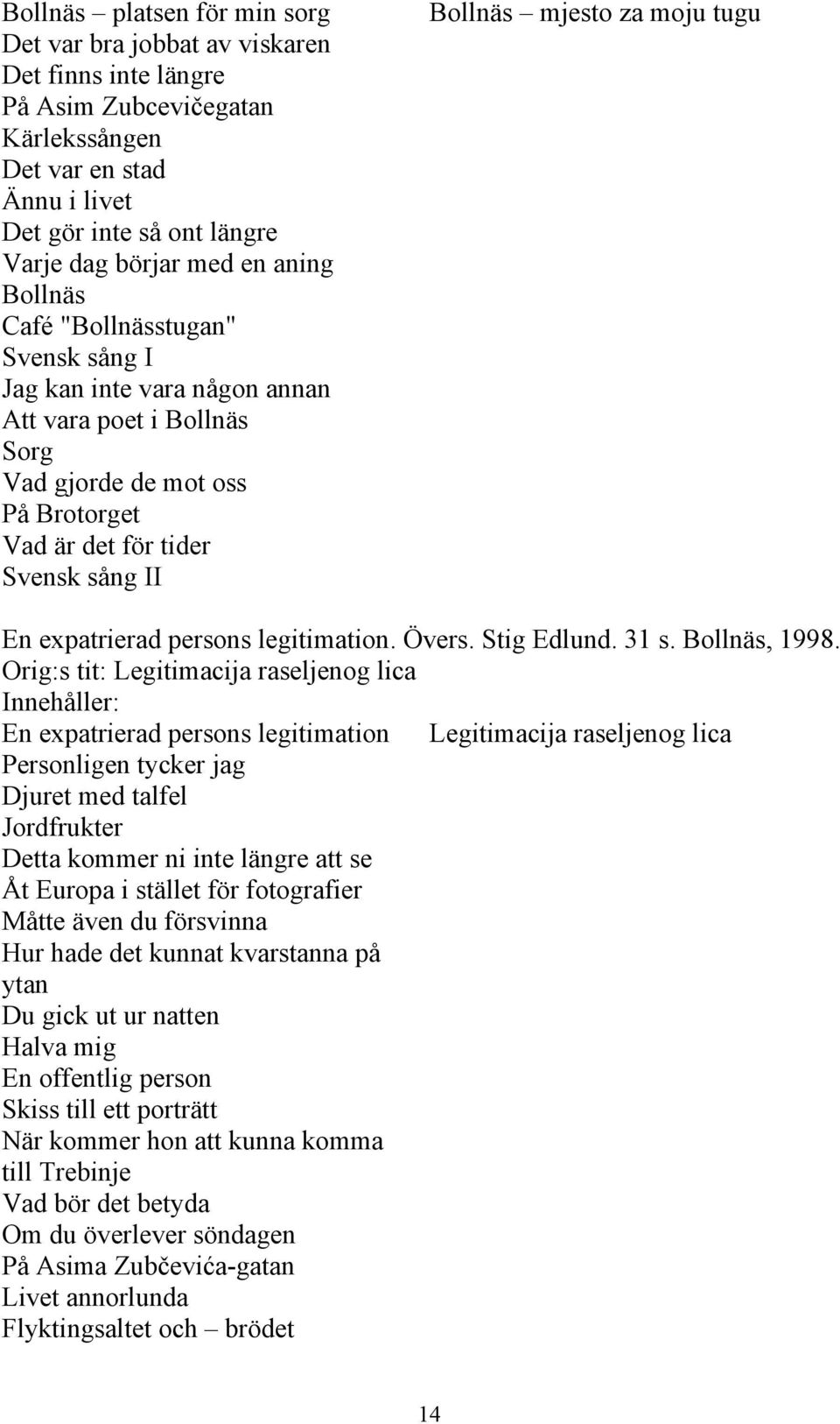 moju tugu En expatrierad persons legitimation. Övers. Stig Edlund. 31 s. Bollnäs, 1998.