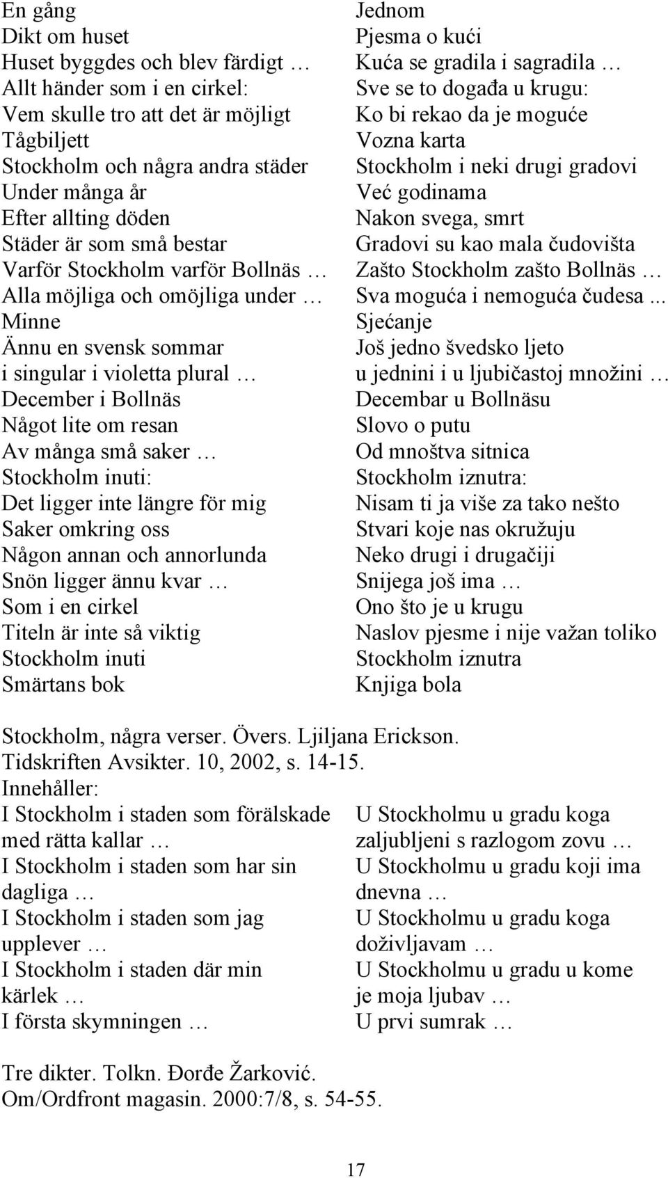 Gradovi su kao mala čudovišta Varför Stockholm varför Bollnäs Zašto Stockholm zašto Bollnäs Alla möjliga och omöjliga under Sva moguća i nemoguća čudesa.