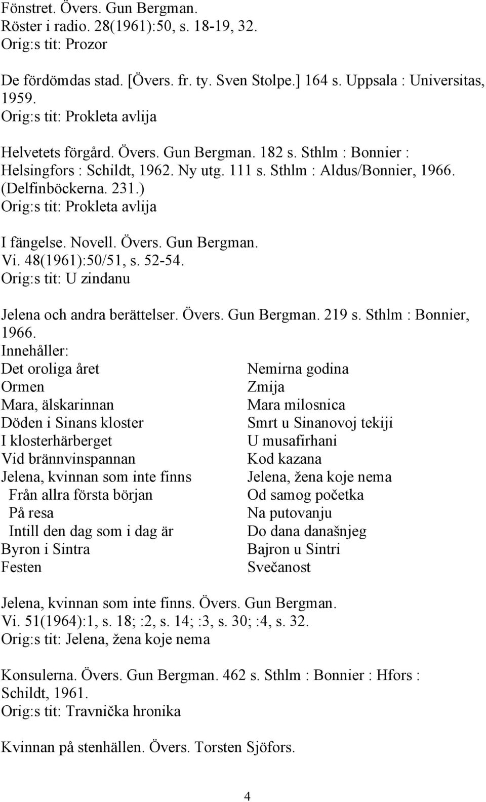 ) Orig:s tit: Prokleta avlija I fängelse. Novell. Övers. Gun Bergman. Vi. 48(1961):50/51, s. 52-54. Orig:s tit: U zindanu Jelena och andra berättelser. Övers. Gun Bergman. 219 s.