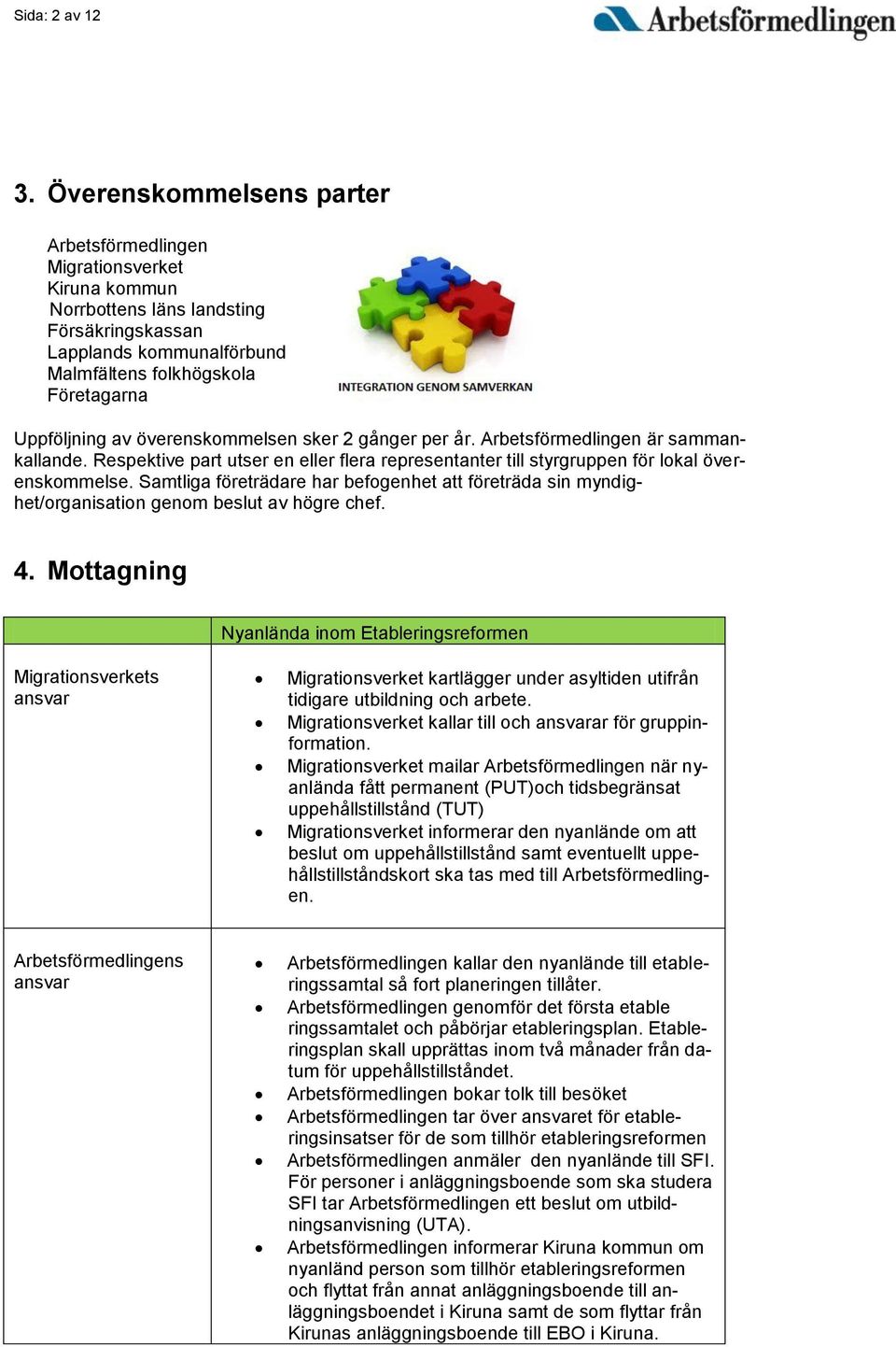 överenskommelsen sker 2 gånger per år. Arbetsförmedlingen är sammankallande. Respektive part utser en eller flera representanter till styrgruppen för lokal överenskommelse.