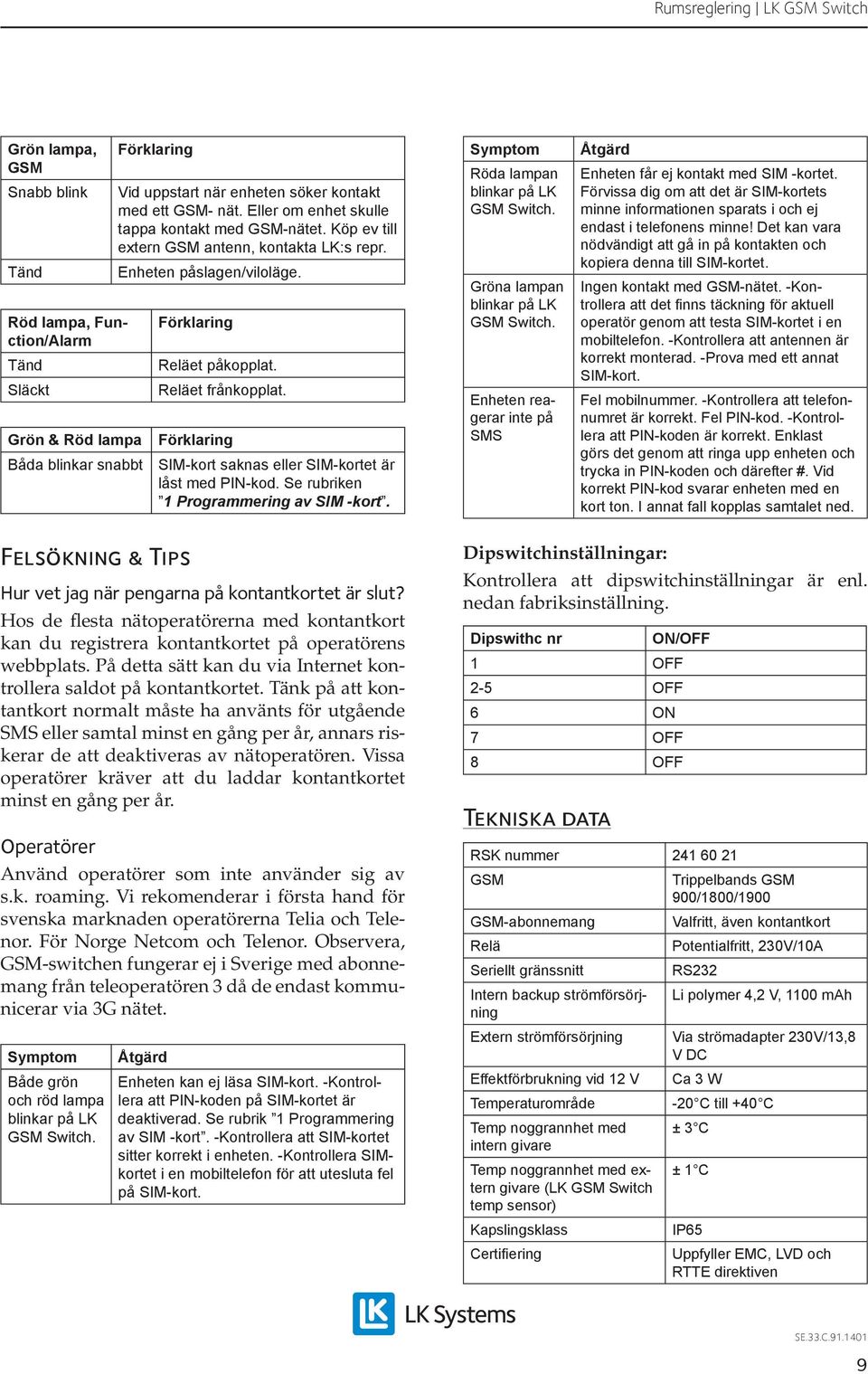 Se rubriken Programmering av SIM -kort. Symptom Röda lampan blinkar på LK GSM Switch. Gröna lampan blinkar på LK GSM Switch. Enheten reagerar inte på SMS Åtgärd Enheten får ej kontakt med SIM -kortet.