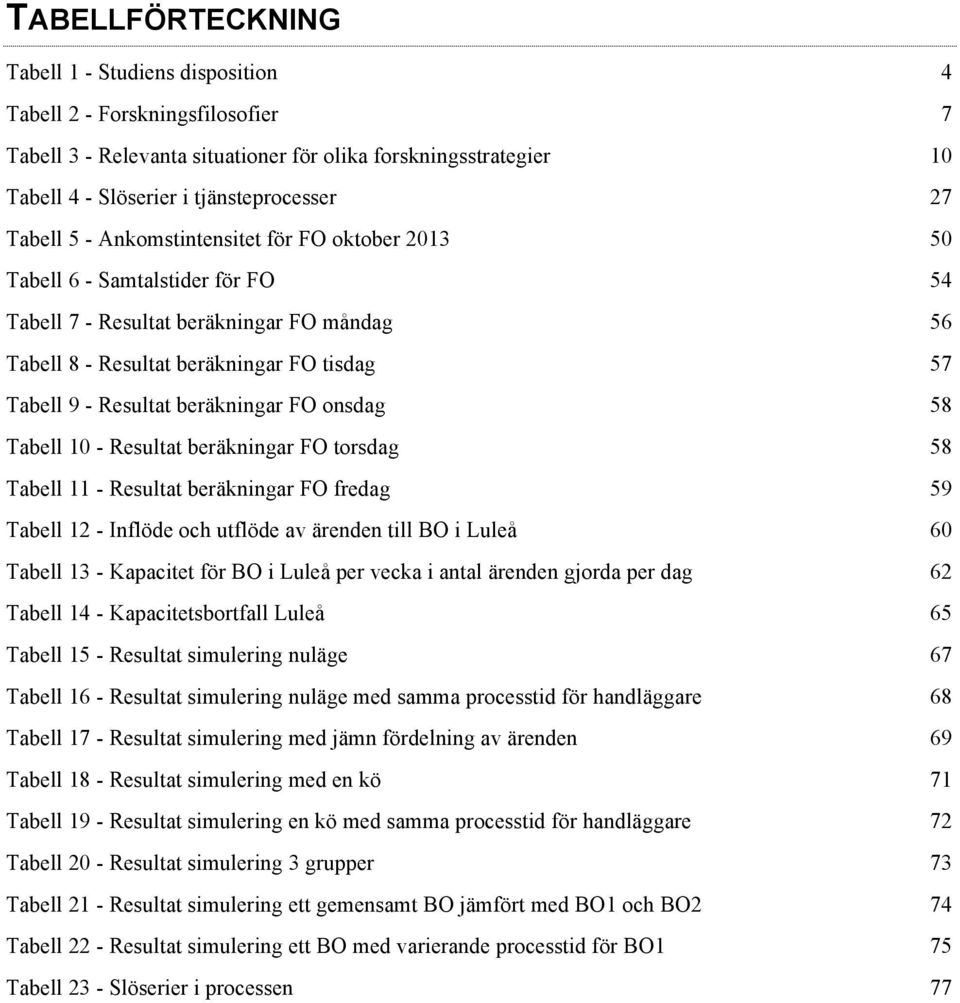 Tabell 10 - Resultat beräkningar FO torsdag Tabell 11 - Resultat beräkningar FO fredag Tabell 12 - Inflöde och utflöde av ärenden till BO i Luleå Tabell 13 - Kapacitet för BO i Luleå per vecka i