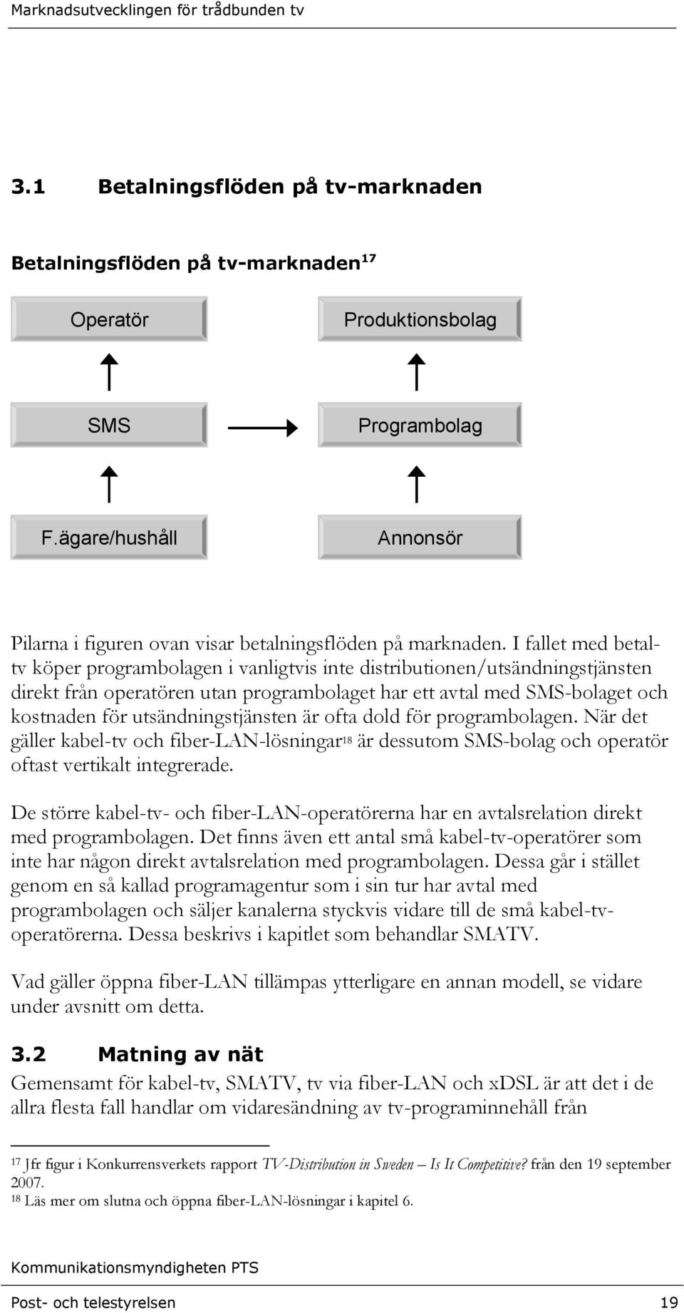 I fallet med betaltv köper programbolagen i vanligtvis inte distributionen/utsändningstjänsten direkt från operatören utan programbolaget har ett avtal med SMS-bolaget och kostnaden för