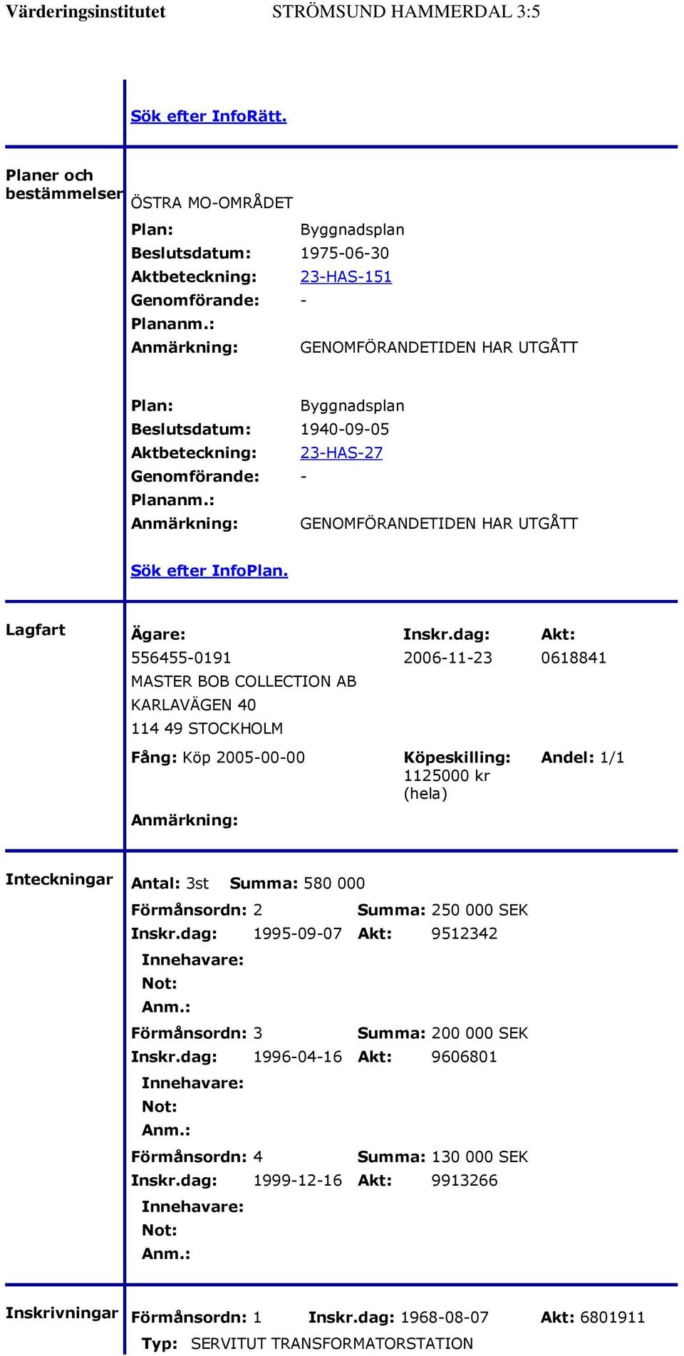 : Anmärkning: GENOMFÖRANDETIDEN HAR UTGÅTT Sök efter InfoPlan. Lagfart Ägare: Inskr.