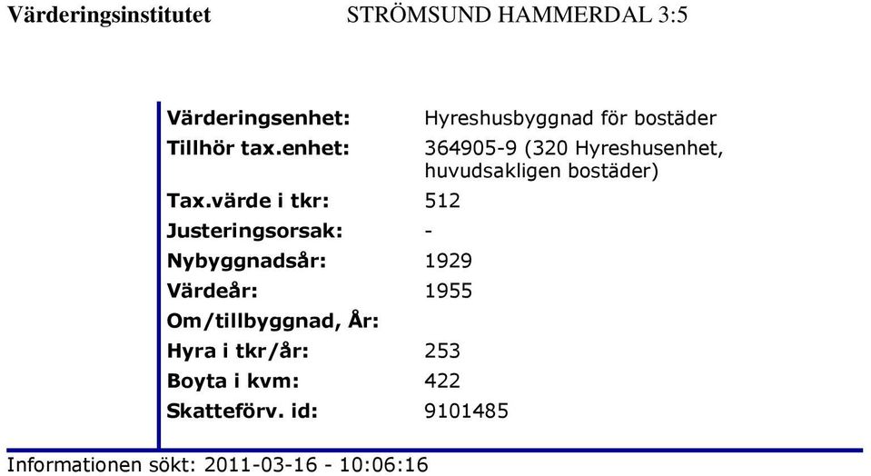 Om/tillbyggnad, År: Hyra i tkr/år: 253 Boyta i kvm: 422 Skatteförv.