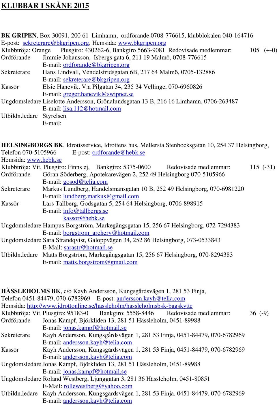 org Klubbtröja: Orange Plusgiro: 430262-6, Bankgiro 5663-9081 Redovisade medlemmar: 105 (+-0) Ordförande Jimmie Johansson, Isbergs gata 6, 211 19 Malmö, 0708-776615 E-mail: ordforande@bkgripen.