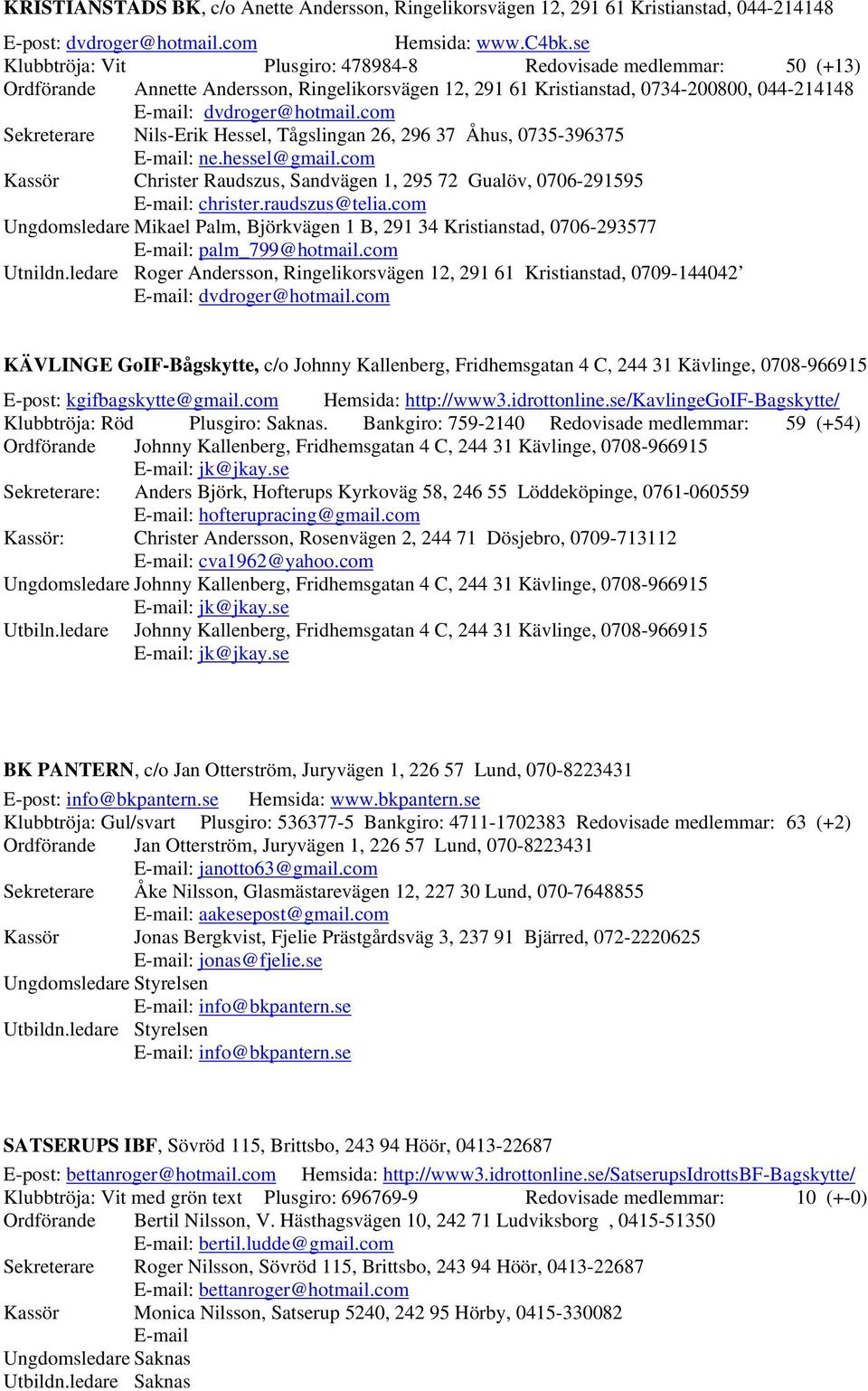 com Sekreterare Nils-Erik Hessel, Tågslingan 26, 296 37 Åhus, 0735-396375 E-mail: ne.hessel@gmail.com Kassör Christer Raudszus, Sandvägen 1, 295 72 Gualöv, 0706-291595 E-mail: christer.raudszus@telia.