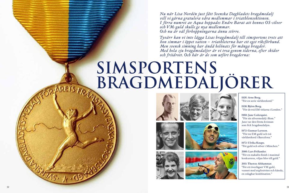 Tyvärr kan vi inte lägga Lisas bragdmedalj till simsportens trots att hon simmar i öppet vatten triathleterna har ett eget riksförbund. Men svensk simning har ändå belönats för många bragder.