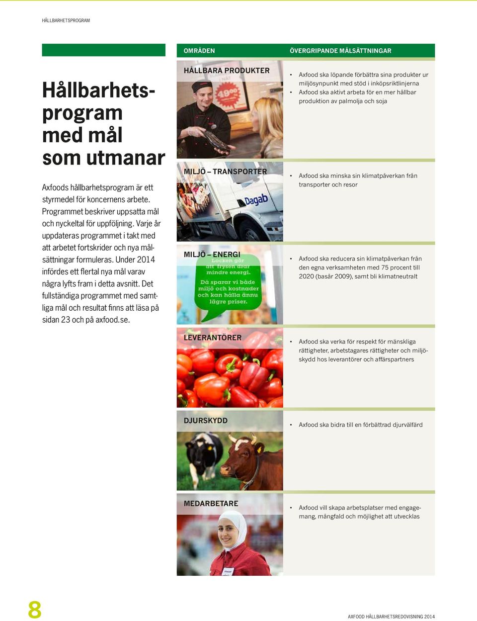 Under 2014 infördes ett flertal nya mål varav några lyfts fram i detta avsnitt. Det fullständiga programmet med samtliga mål och resultat finns att läsa på sidan 23 och på axfood.se.