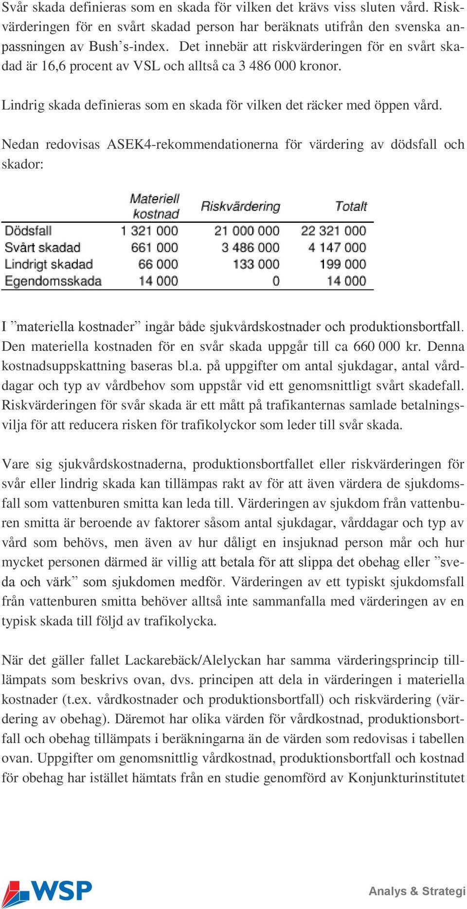 Nedan redovisas ASEK4-rekommendationerna för värdering av dödsfall och skador: I materiella kostnader ingår både sjukvårdskostnader och produktionsbortfall.