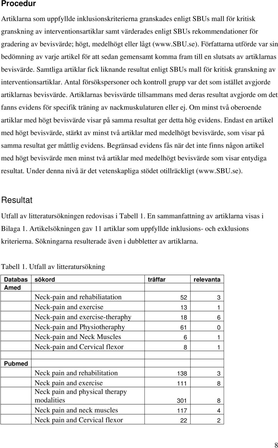 Samtliga artiklar fick liknande resultat enligt SBUs mall för kritisk granskning av interventionsartiklar.