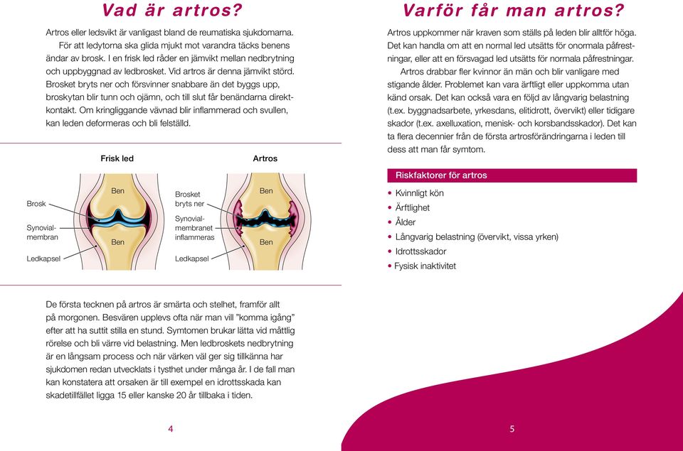 Brosket bryts ner och försvinner snabbare än det byggs upp, broskytan blir tunn och ojämn, och till slut får benändarna direktkontakt.