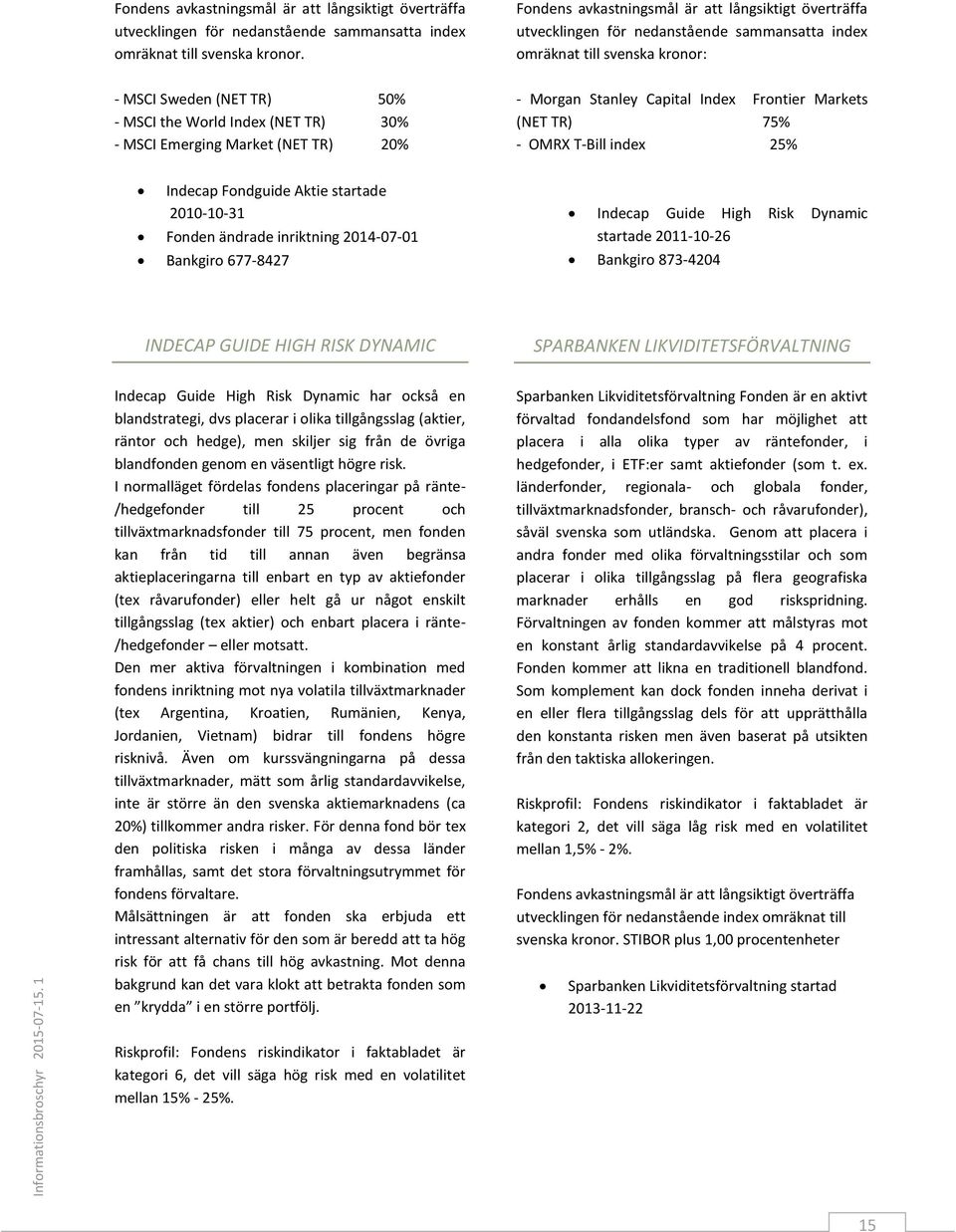 MSCI Emerging Market (NET TR) 20% - Morgan Stanley Capital Index Frontier Markets (NET TR) 75% - OMRX T-Bill index 25% Indecap Fondguide Aktie startade 2010-10-31 Fonden ändrade inriktning 2014-07-01