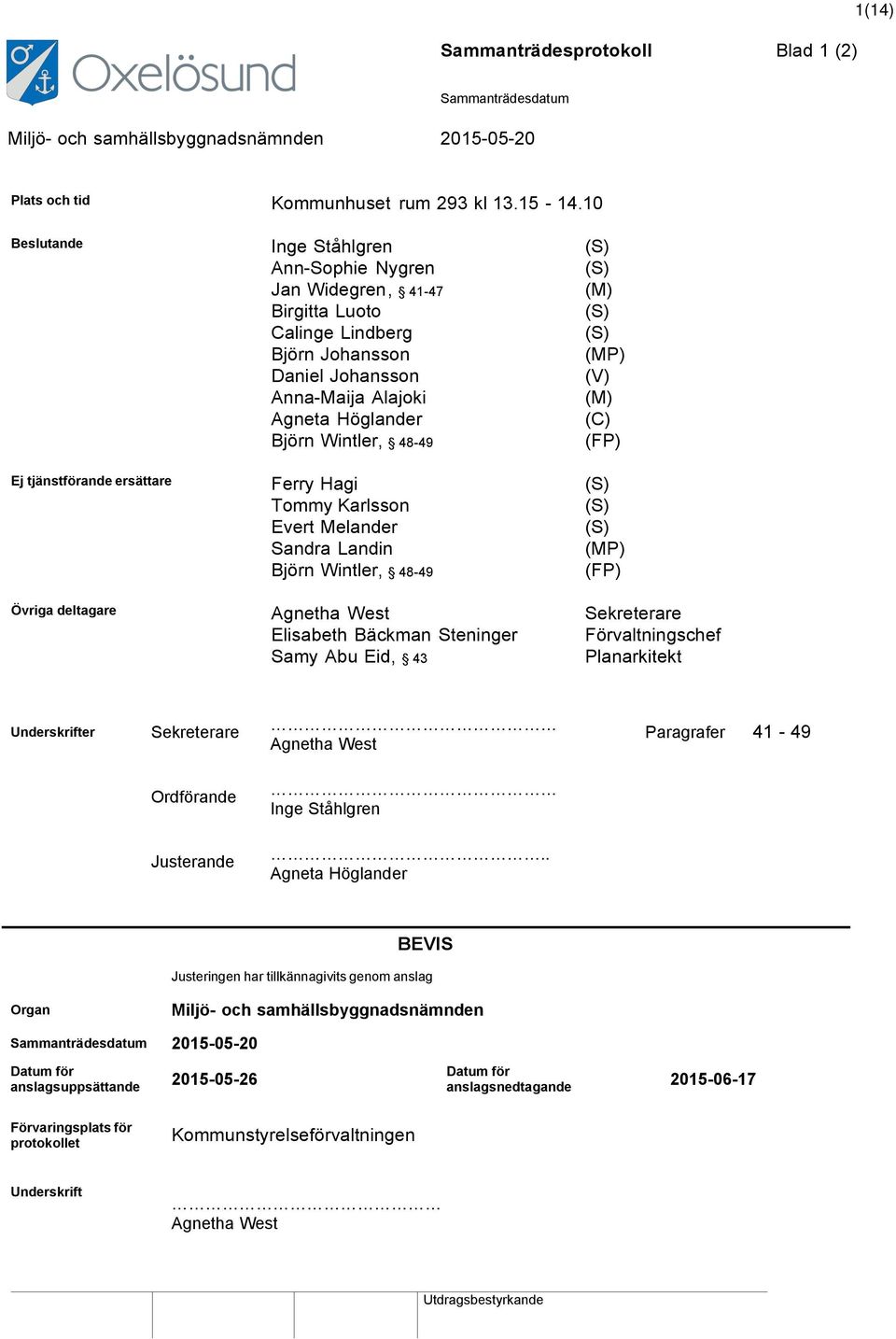 Höglander (C) Björn Wintler, 48-49 (FP) Ej tjänstförande ersättare Ferry Hagi (S) Tommy Karlsson (S) Evert Melander (S) Sandra Landin (MP) Björn Wintler, 48-49 (FP) Övriga deltagare Agnetha West