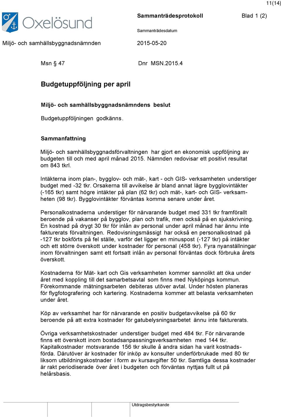 Intäkterna inom plan-, bygglov- och mät-, kart - och GIS- verksamheten understiger budget med -32 tkr.