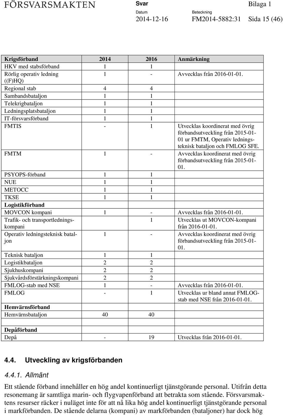 FMTM, Operativ ledningsteknisk bataljon och FMLOG SFE. FMTM 1 - Avvecklas koordinerat med övrig förbandsutveckling från 2015-01- 01.