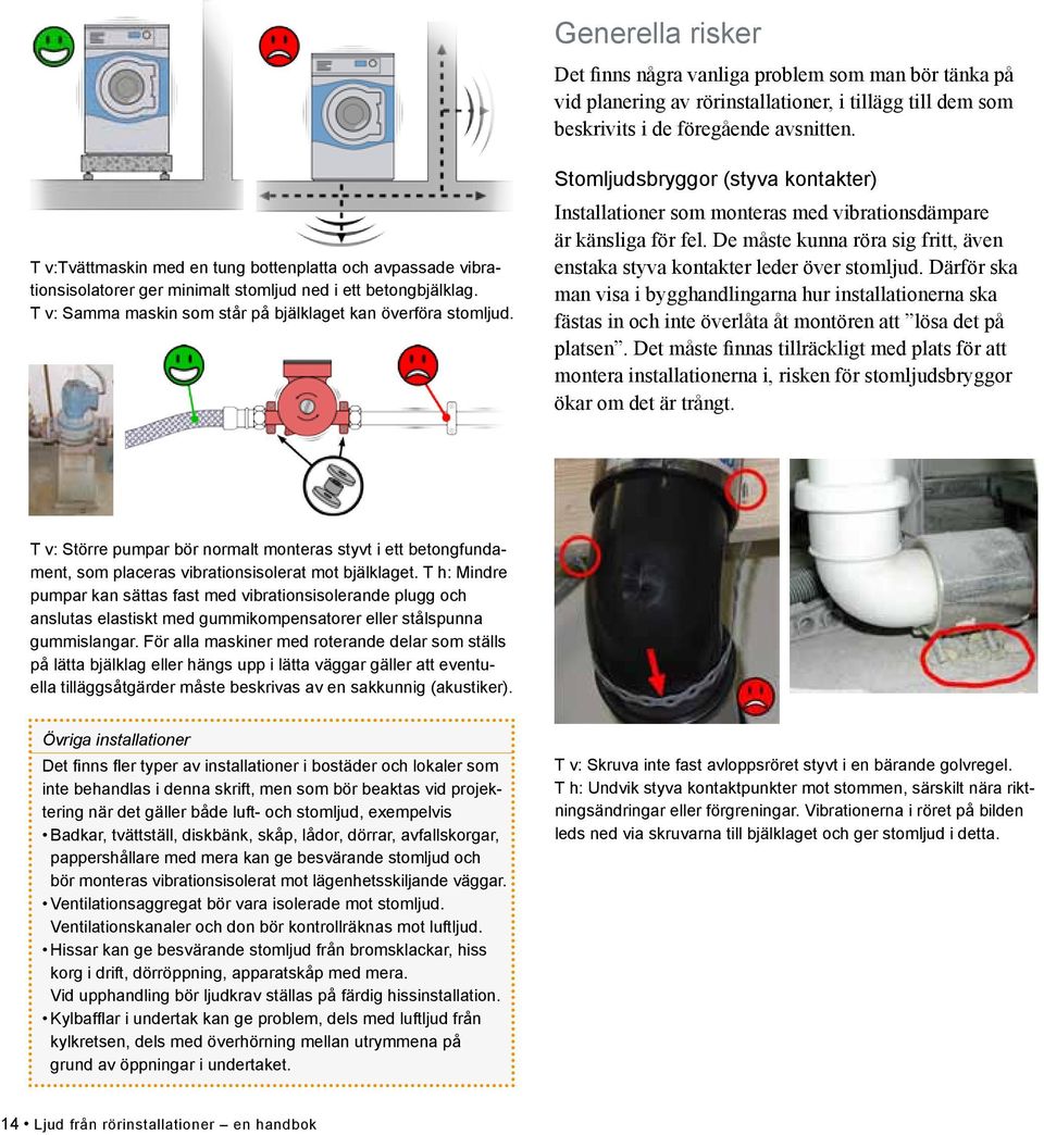 Stomljudsbryggor (styva kontakter) Installationer som monteras med vibrationsdämpare är känsliga för fel. De måste kunna röra sig fritt, även enstaka styva kontakter leder över stomljud.