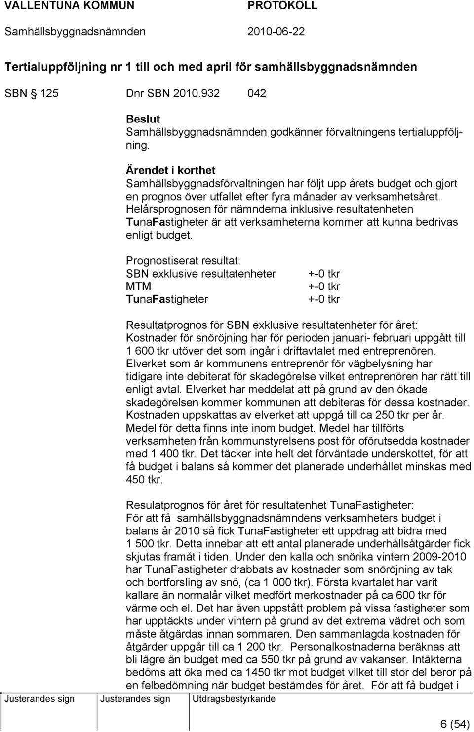 Helårsprognosen för nämnderna inklusive resultatenheten TunaFastigheter är att verksamheterna kommer att kunna bedrivas enligt budget.