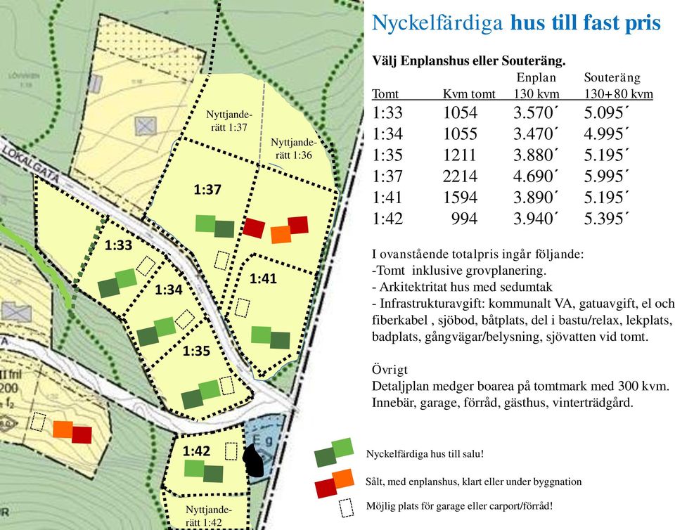 - Arkitektritat hus med sedumtak - Infrastrukturavgift: kommunalt VA, gatuavgift, el och fiberkabel, sjöbod, båtplats, del i bastu/relax, lekplats, badplats, gångvägar/belysning, sjövatten vid tomt.